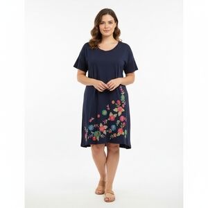 Umgee Black Embroidered Floral Short Sleeve T-Shirt Dress Size L